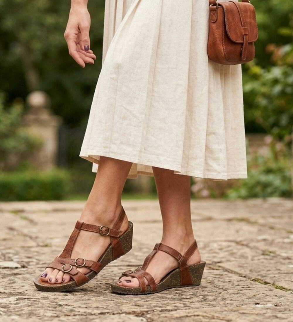 Teva Ventura Brown Leather Strappy Cork Wedge Sandals